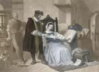 The Ink, the Devil, the Wicked Errata A cutting from the Illustrated London News, March 23, 1850, depicts Johannes Gutenberg showing his wife the firstproof sheet of his Bible printed from movable type. Science History Images / Alamy Stock Photo
